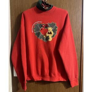 Vintage Christmas Bear Sweatshirt Sweater Sz Large Red Green Holiday Made In USA